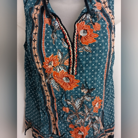 DANIEL RAINN Bohemian Floral Teal,Orange Sleeveless Western Flowy Top - (#185) - Picture 5 of 9